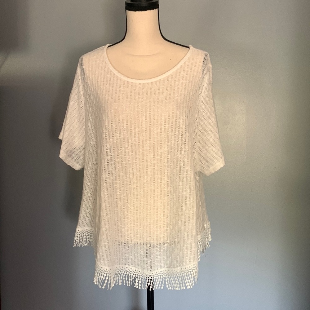 Beige Eyelet Poncho with Fringe Bottom